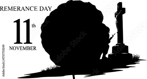 Poignant Remembrance Day Soldier Silhouette Kneeling at Cenotaph with Stylized Poppy: Memorial and Veteran's Tribute Detailed Scene Vector.	