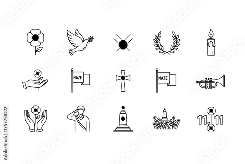 Minimalist Remembrance Day Icon Set: Poppy, Peace Dove, Candle, Laurel Wreath, and Bugle Mono-line Editable Stroke Vector Collection.	