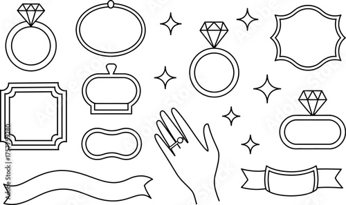 Vector illustration of hand wearing diamond ring jewelry frames icons