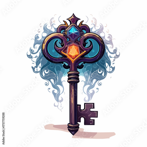 Ornate magical fantasy key with gemstones with transparent background