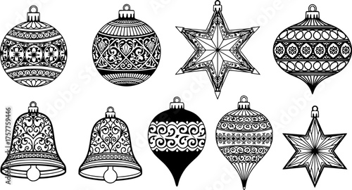 Ornate Christmas Ornament Silhouette Shapes for Laser Cutting: Set of Detailed Baubles, Bells, and Stars Optimized Vinyl Decal Vector.	
