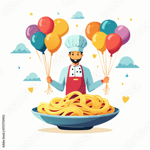 Chef with spaghetti and balloons celebration