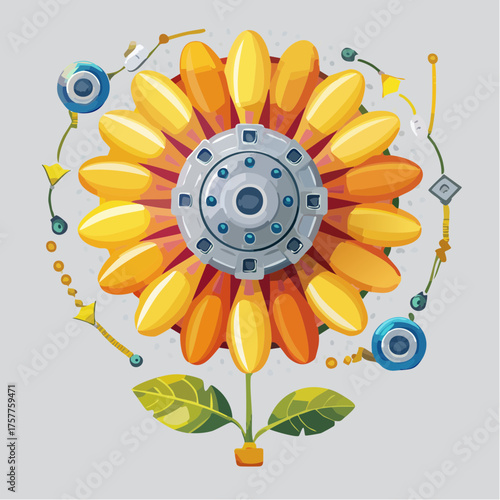 Stylized flower with technology elements and green stem