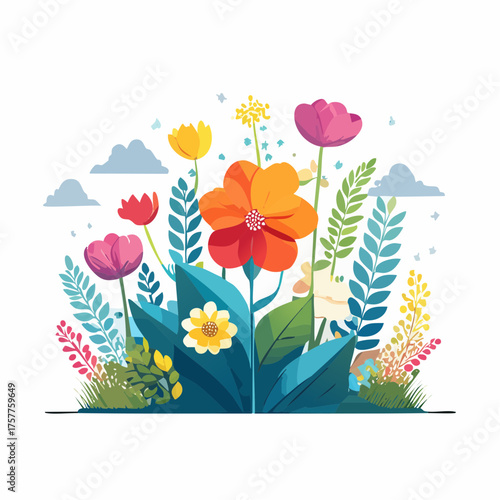 Colorful spring flower garden with clouds