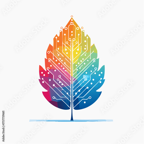 digital leaf circuit rainbow gradient with transparent background