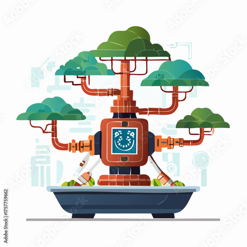 Robotic bonsai tree plant technology with transparent background