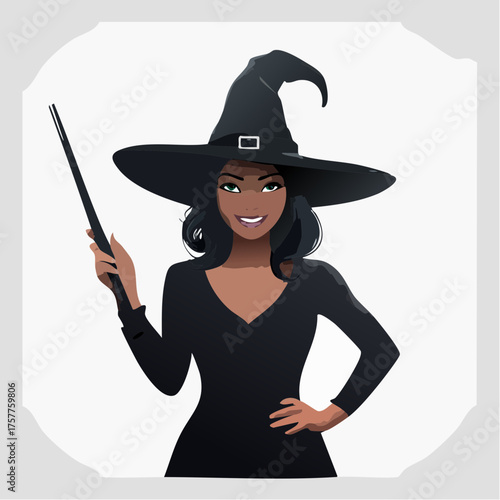 African American witch holding wand with transparent background