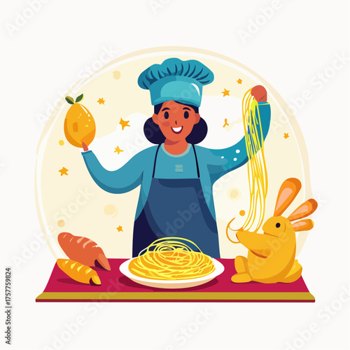 Female chef preparing pasta with fresh fruit and bread