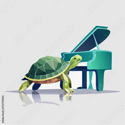 Geometric turtle walking to grand piano