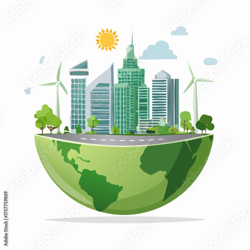 Green city landscape on half earth globe with transparent background
