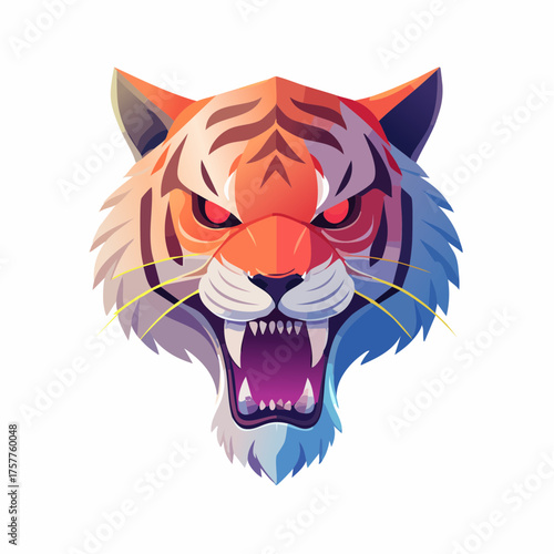 Roaring tiger head with vibrant colors with transparent background