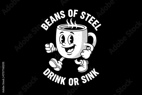 Retro cartoon coffee mug character with a happy face walking.