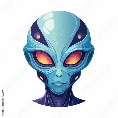 Blue alien head with glowing eyes with transparent background