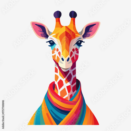 colorful geometric giraffe wearing scarf with transparent background