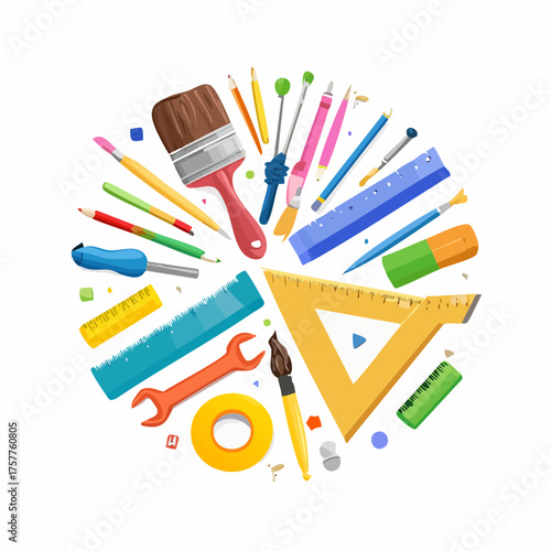 School and art supplies arranged with transparent background