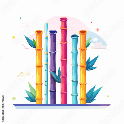 Bright multicolored bamboo plants with leaves with transparent background