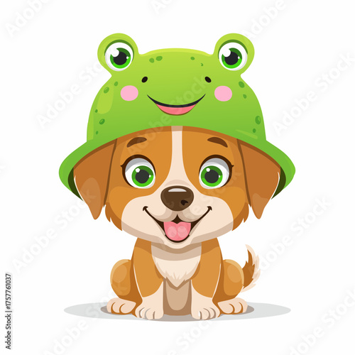 Happy puppy wearing frog hat with transparent background