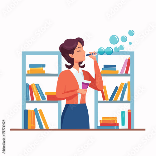 Relaxed woman blowing bubbles with books