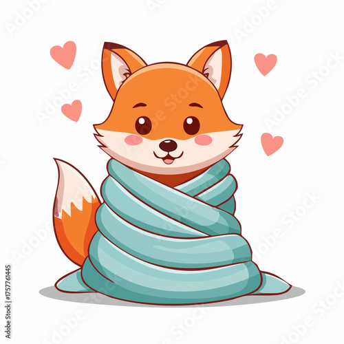 Happy fox wrapped in blanket with hearts with transparent background