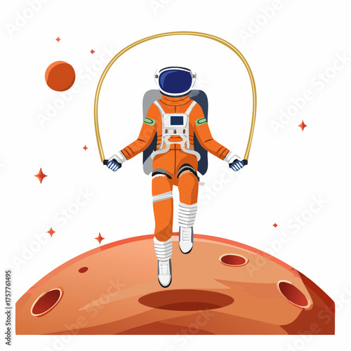 Astronaut jumping rope on planet with transparent background