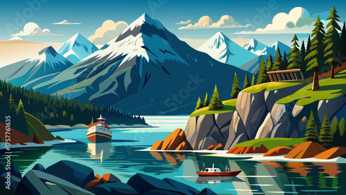 Very beautiful Alaskan coast along the Inside Passage, USA, featuring rugged shorelines, lush green forests, misty fjords, and calm blue waters, capturing the serene and untamed beauty of Alaska’s coa