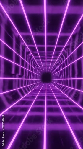 Abstract purple tunnel with neon grid perspective and dark background