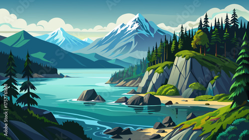 Very beautiful Alaskan coast along the Inside Passage, USA, featuring rugged shorelines, lush green forests, misty fjords, and calm blue waters, capturing the serene and untamed beauty of Alaska’s coa