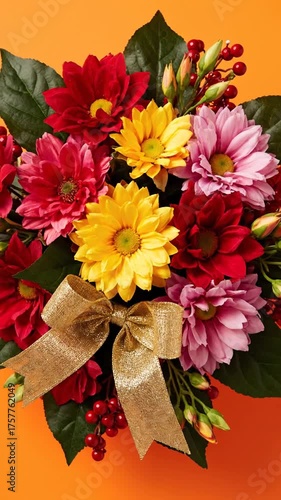 Colorful floral arrangement with mixed blooms and golden ribbon on orange