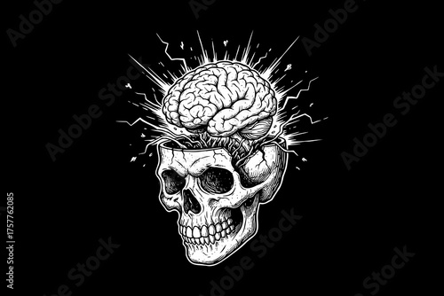Exploding Brain Skull Illustration with Lightning Bolts.