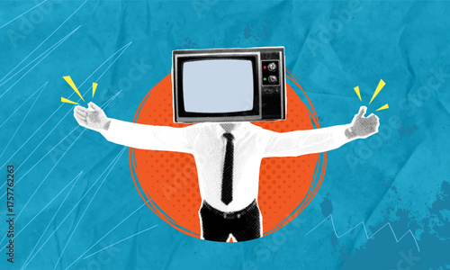 Trendy halftone pop art collage. A business man with a retro television instead of a head against a turquoise background, surrealism. The concept place for advertising or propaganda, news.