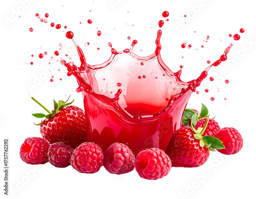 Raspberry juice splash with raspberries and strawberries isolated on transparent background