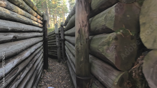 Lappeenranta.Finland-September 28.2020: Bunker line. Big woods as fence on the Salpa Line Fortification bunker underground in the forest. 