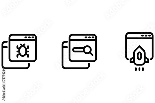 Web development icon set – Web bug, web SEO, and web deployment