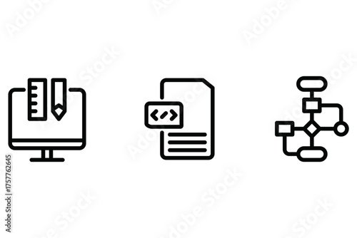 Web development icon set – Web design, programming file, and flowchart