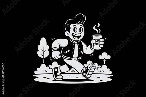 Smiling retro cartoon boy character walking with a hot coffee cup.