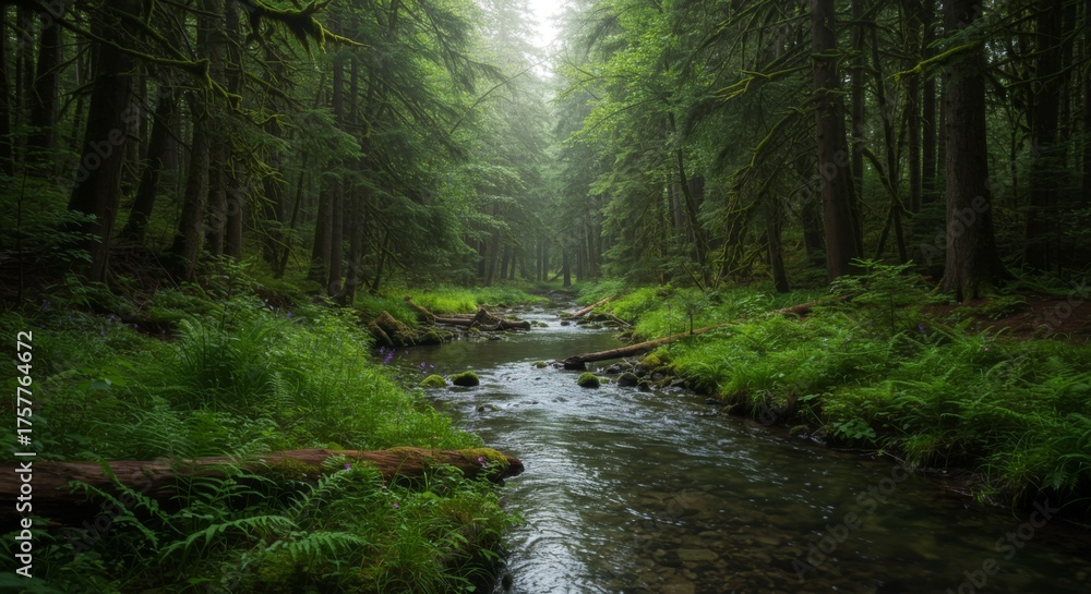 Obraz premium Lush Green Forest Stream with Sunlight