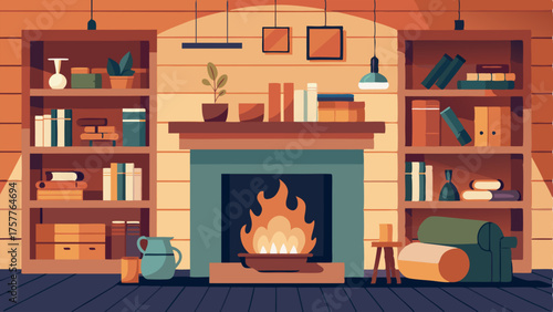 A cozy fireplace surrounded by light wood paneling and floortoceiling shelves filled with books and decorative objects.