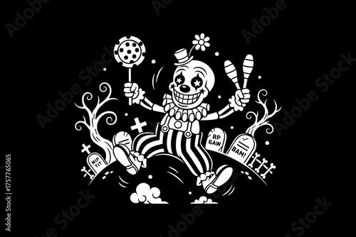 Spooky Skeleton Clown Character in Vintage Cartoon Style.