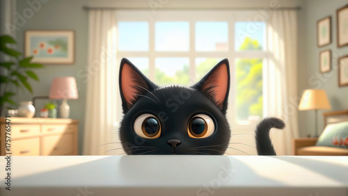 A funny black cat looks out from under the table. Peeping, curious cat.