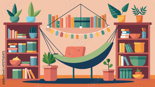 A cozy reading nook with a hammock chair surrounded by shelves filled with books and plants.