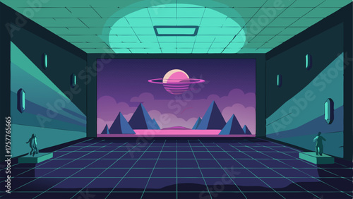A digital art installation projected onto a blank wall immerses viewers in a futuristic and surreal world.