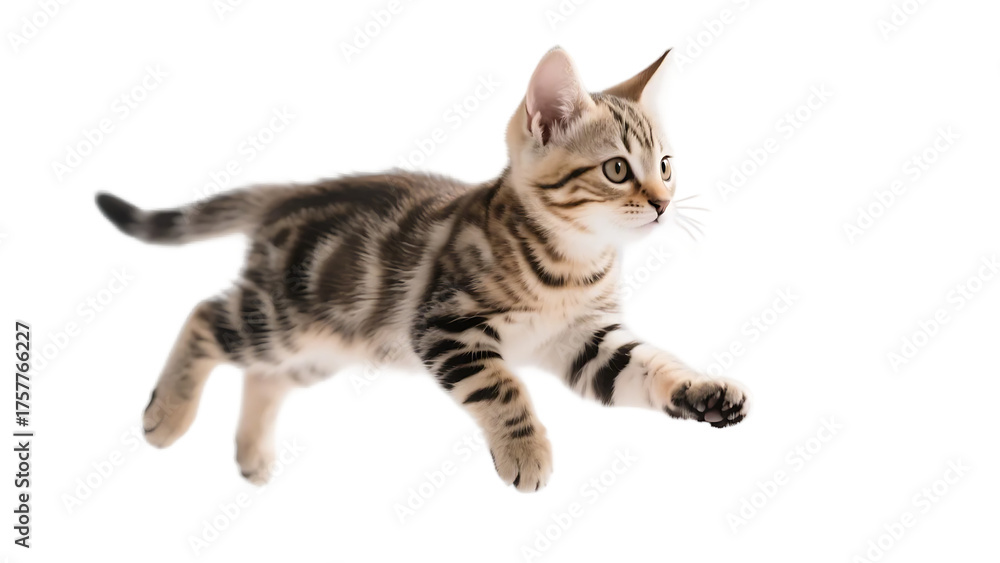 Obraz premium A young tabby kitten is captured in mid-air, displaying its playful and energetic movement with visible stripes and curious expression.