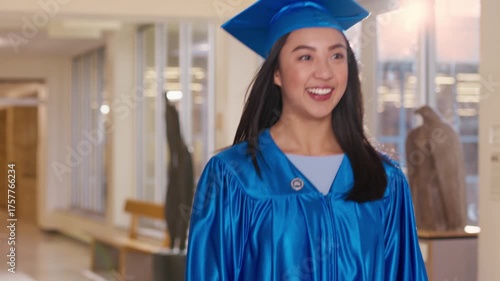 Graduate walks confidently through a hallway in a blue cap and gown after finishing her studies.