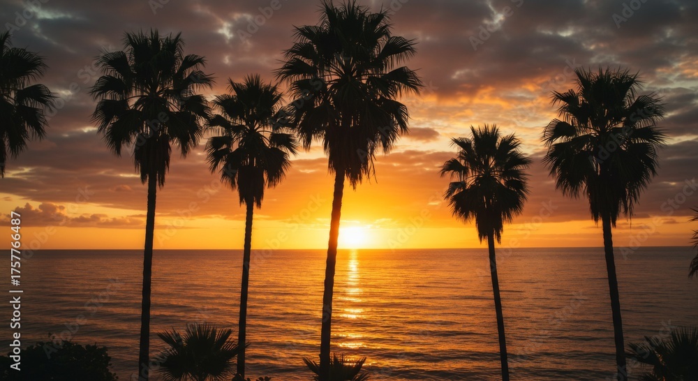 Fototapeta premium Silhouette Palm Trees at Sunset Over Ocean