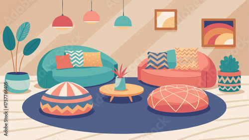 A cozy lounge area with a mix of patterned poufs and floor cushions perfect for lounging and relaxing.