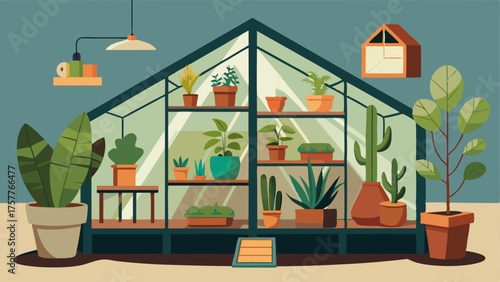A cozy corner of a room transformed into a mini greenhouse with a variety of plants sitting on shelves and tables.