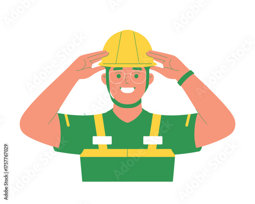 Man wearing yellow hard hat and green overalls on white background