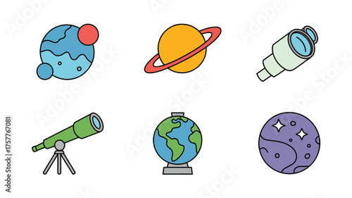 Wallpaper Mural Collection of colorful cartoon planets telescopes and earth globe illustrations Torontodigital.ca
