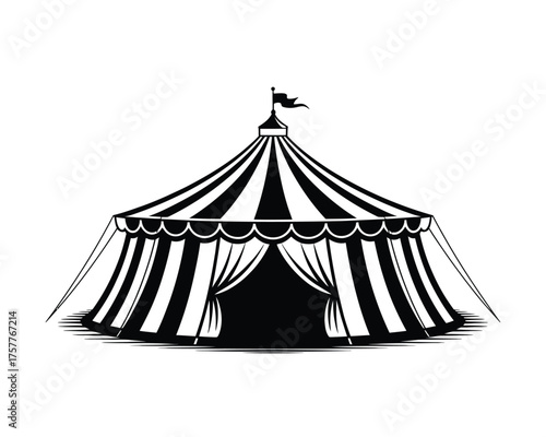 Vintage circus tent with striped canopy and curtains