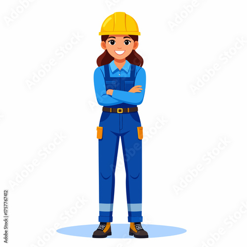 Smiling Female Construction Worker with Arms Crossed Wearing Blue Coverall and Yellow Hard Hat
